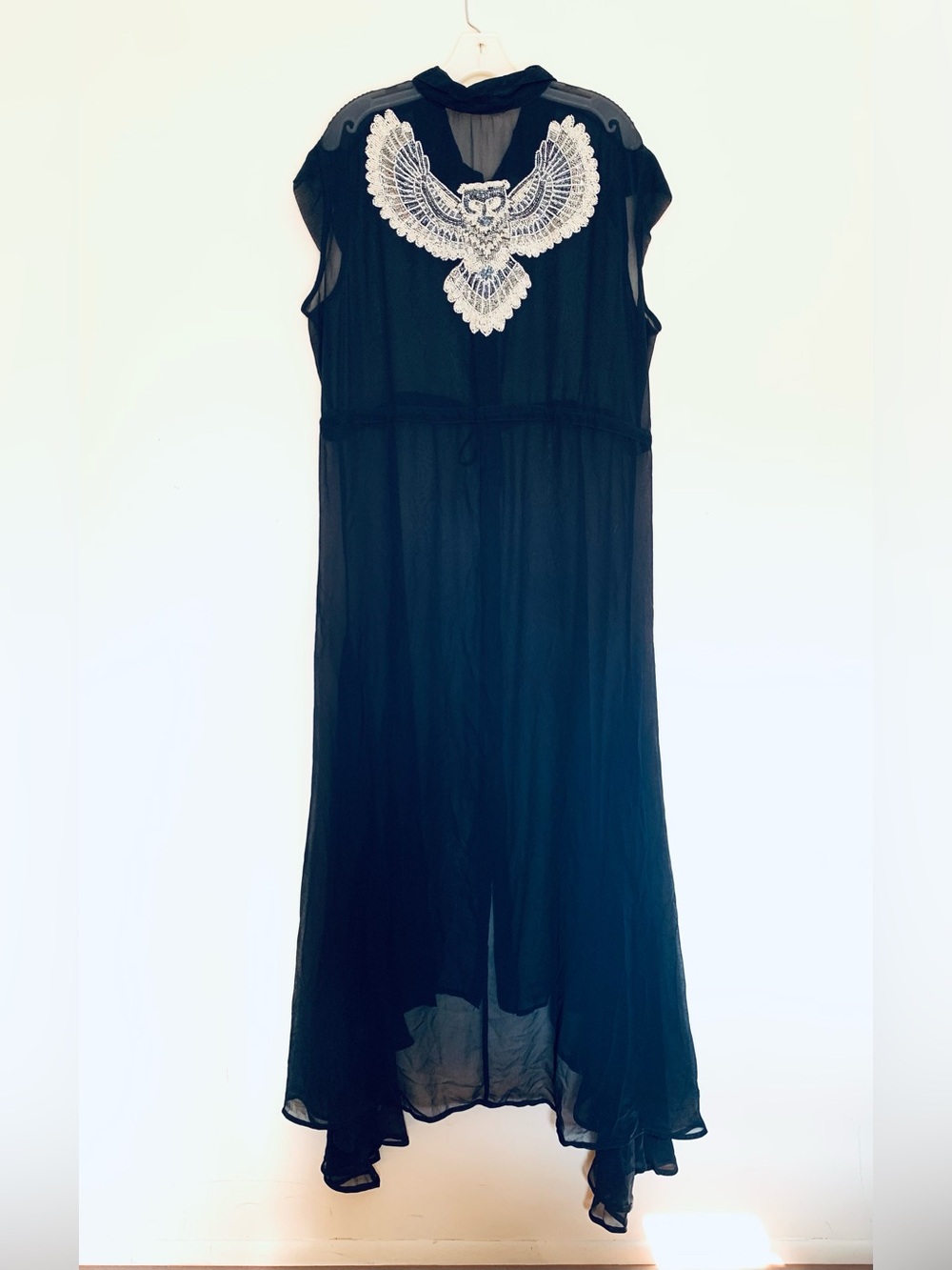 SHERYL CROW Beaded Owl Duster Maxi Dress Size 1X Navy Sheer Handkerchief Hem